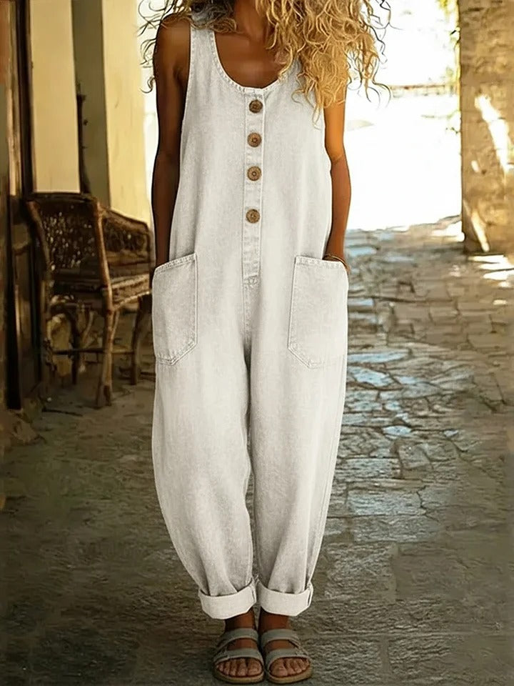 Women's Sleeveless Cotton Denim Look Jumpsuit