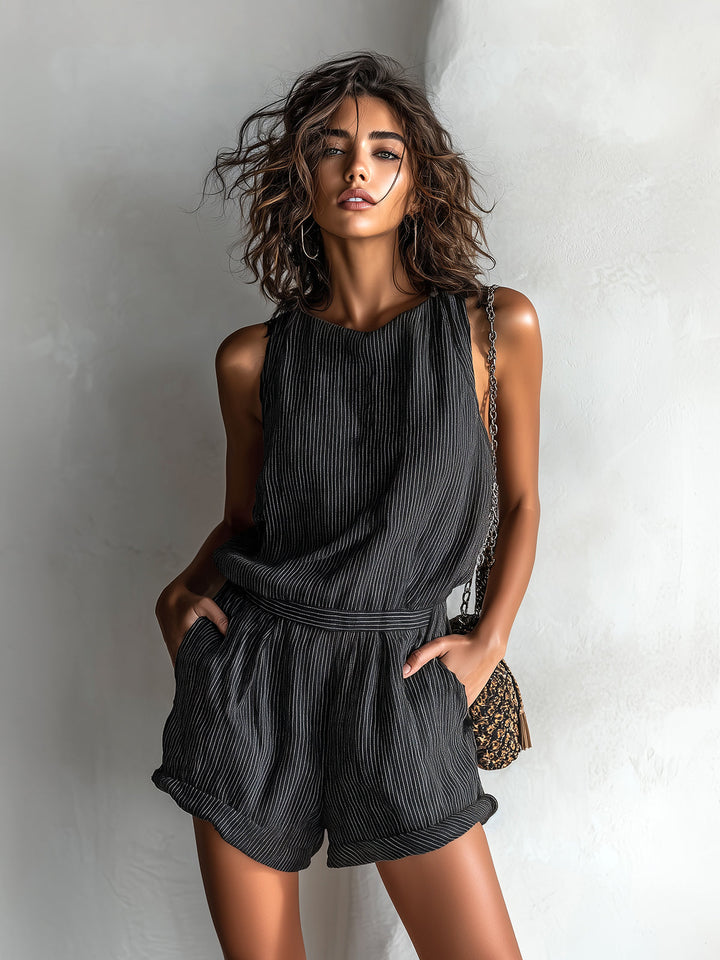 ElevenOra Chic Casual Black Stripe Linen Blend Boat-Neck Sleeveless Tailored-Waist Loose-Fit Romper