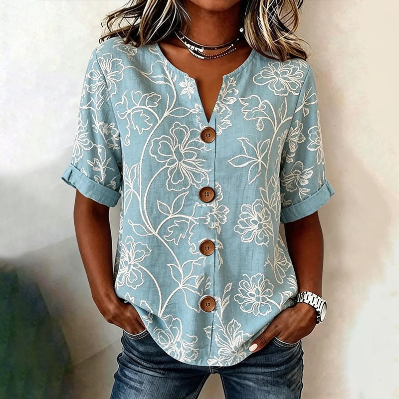 Rosalía™ | Vintage Floral Blouse with Buttons and Three-Quarter Sleeves