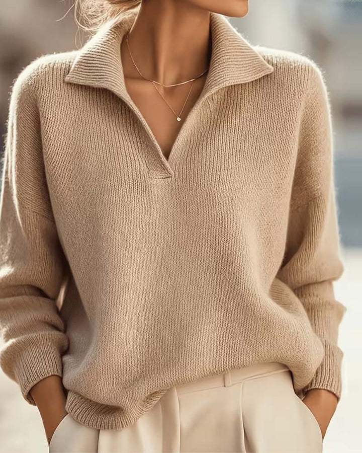 Pullover with Folded Collar, Drop Shoulder, Solid Color, Long Sleeve