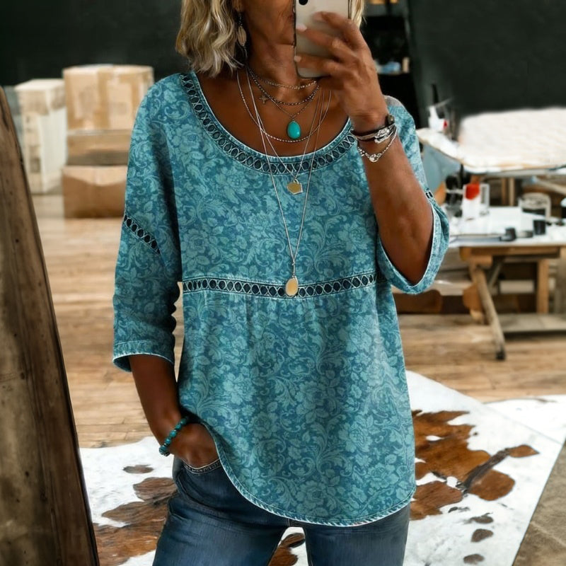 Yolanda™ | Vintage Turquoise Blouse with Ethnic Detail at the Waist
