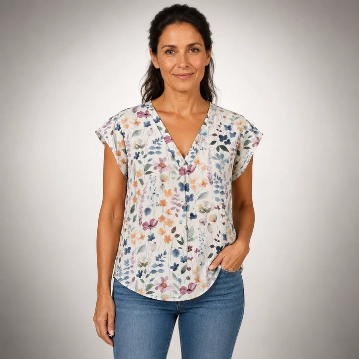 Beatriz™ | Vintage Floral Short Sleeve Blouse with Buttons