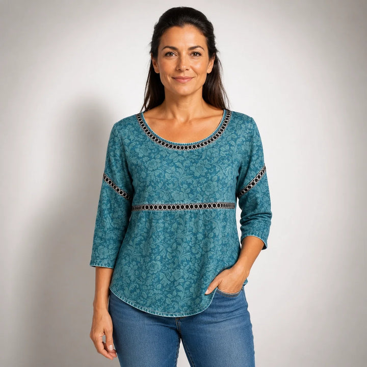 Yolanda™ | Vintage Turquoise Blouse with Ethnic Detail at the Waist