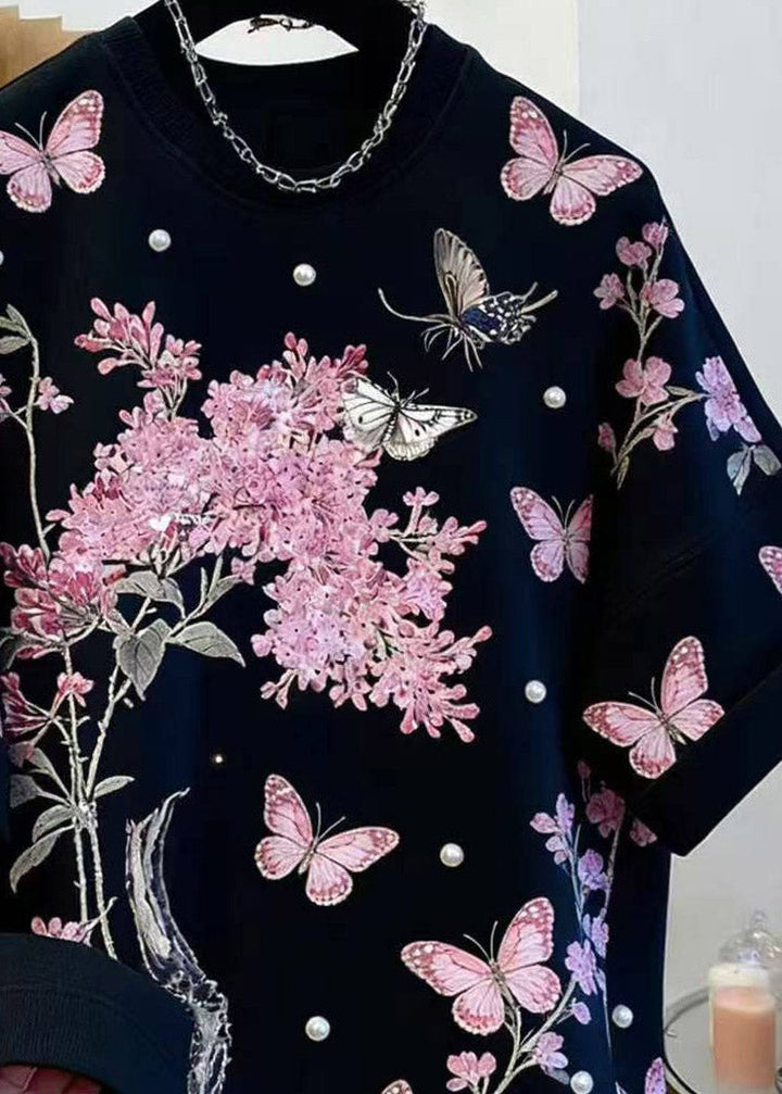 Handmade Black O-Neck Print Tops Short Sleeve