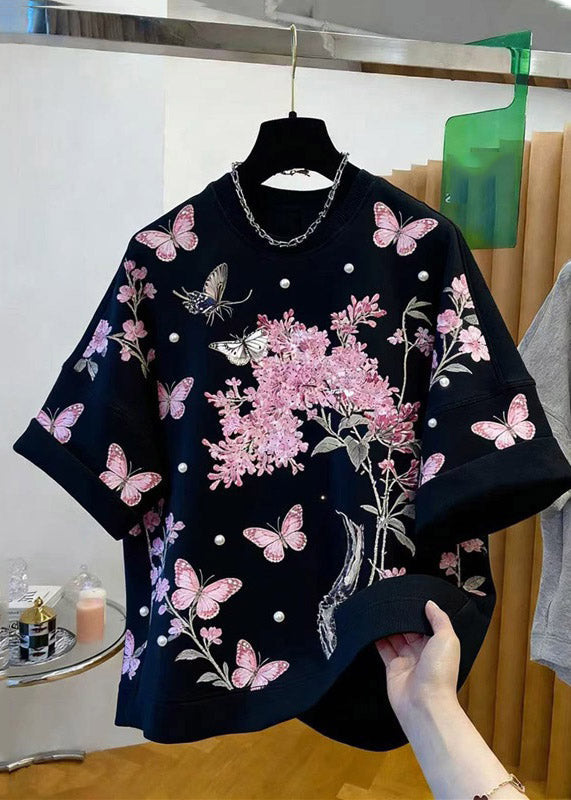 Handmade Black O-Neck Print Tops Short Sleeve