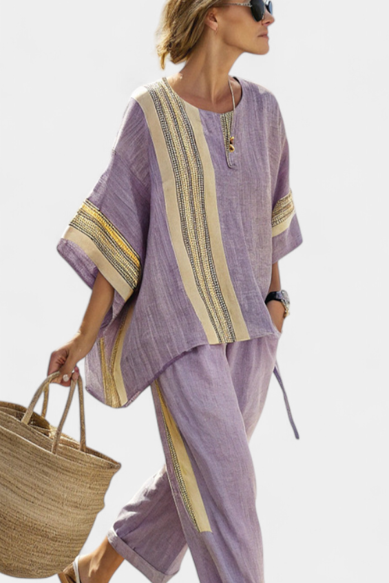 Elowric | Elegant Lavender Top & Mustard Striped Pants
