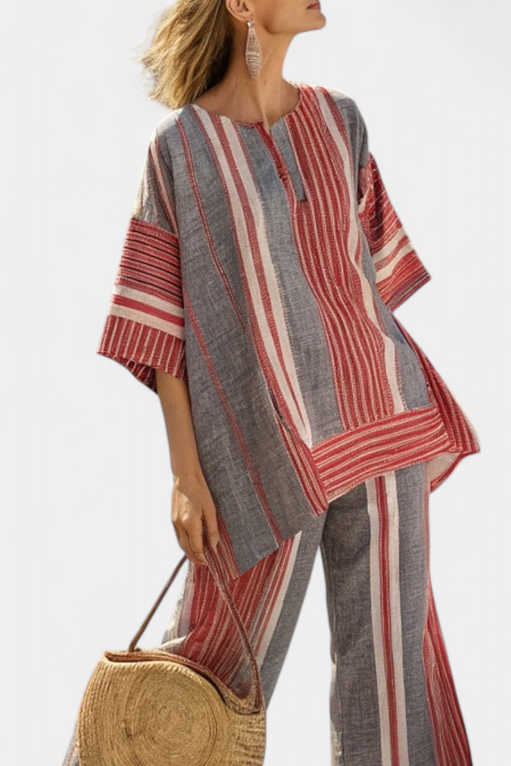 Bravine | Elegant Coral-Gray Linen Top & Wide-Leg Pants
