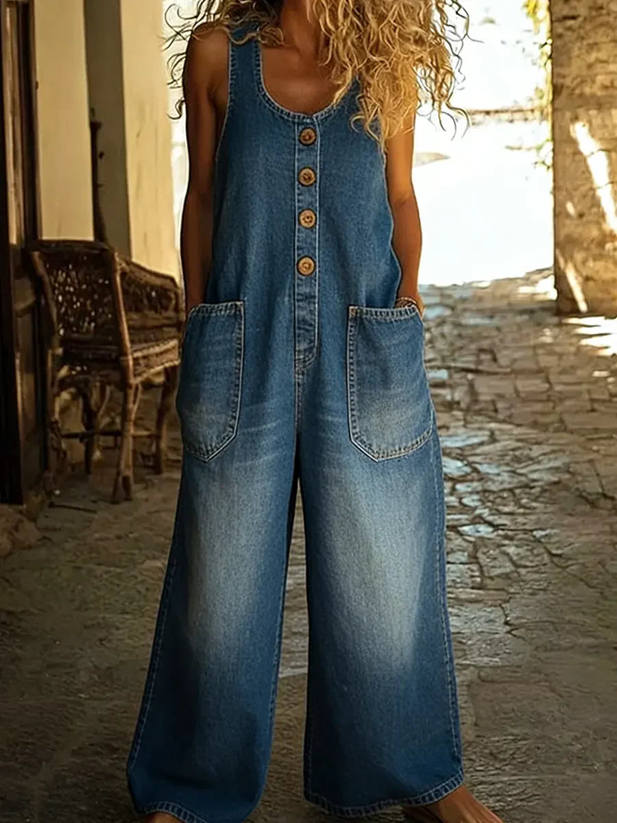 Women's Sleeveless Cotton Denim Look Jumpsuit