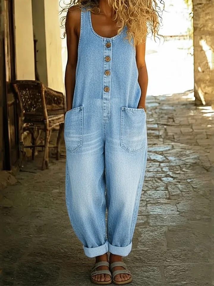 Women's Sleeveless Cotton Denim Look Jumpsuit